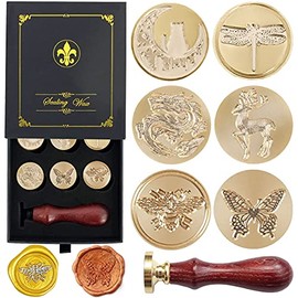 Wax Seal Stamp Gift Box Set, 6 Pcs Sealing Wax Stamps Copper Seals 1 Wooden Hilt, Wax Stamp Kit for Cards Envelopes, Gift Packaging (Animal Insect Series)