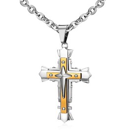 Feilok Men's Stainless Steel Cross Pendant Faith Hope Love Cross Religious Chain Men Baseball Black Gold, Stainless Steel
