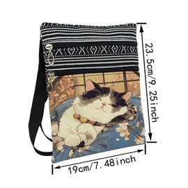 LiuenMgg Kimono Cat Messenger Bag Small Ethnic Pattern Adjustable Strap Crossbody Zipper Bag Japanese Style Cat Phone Bag Wallet Cute Shoulder Handbag for Cat Lovers Women