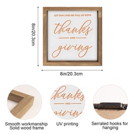 pechpell Wooden Thanksgiving Sign, 8" Thanks Giving Wall Decor, Indoor Thankful Wood Decorative Signage Table Wall Art Rustic Farmhouse Decorations For Home