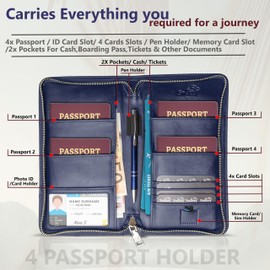 Snazzy Hawk Family 4 Passport Holder - Travel Wallet RFID Blocking, Document Organizer, Essentials Plane Accessory Cover for Women Men (Blue)