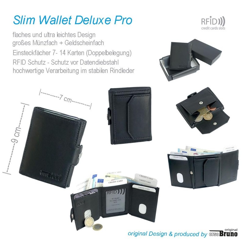 Slim Wallet Deluxe, Cowhide nappa black with comfort coin compartment,