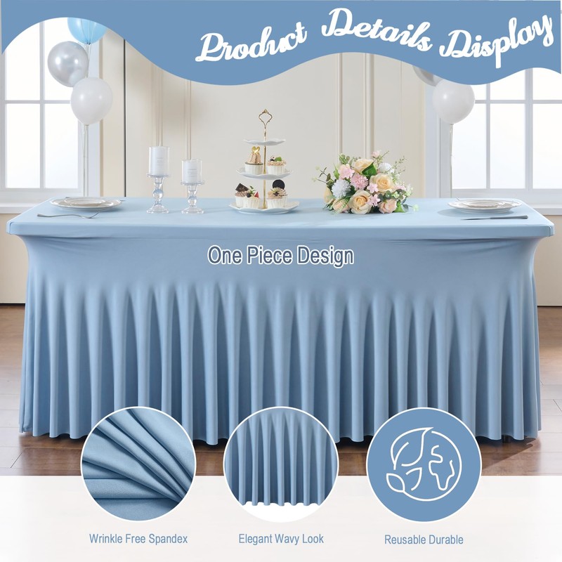 2 Pack Dusty Blue Spandex Fitted Tablecloths for 6 Foot