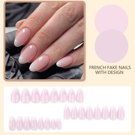 Ceboic Pack of 24 Glue-On Nails, Short Almond, Pink White Gradient Press On Nails, French False Nails, Acrylic False Nails, Almond Fingernails, Fake Nails for Women and Girls, 12 Sizes