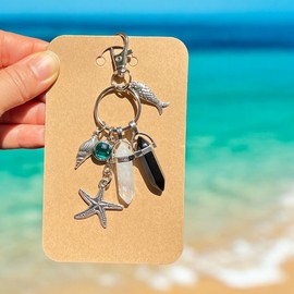 STONES & SEA Keychain - Beach Gifts - Ocean Keychains - Natural Quartz, Black Stones - Car Key Ring, Women Men Handbag Purse Backpack Zipper Keyrings, Ocean Animal, Ocean Green Crystal Pendant