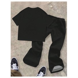 BEAUDRM Boy's 2 Piece Outfits Cross Graphic Print Short Sleeve T Shirts and Flared Pants Clothing Set Streetwear Multicolor 11Y