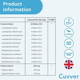 Cuvver Probiotics & Organic Prebiotics Complex - 30 Billion CFU, 2 Month Supply, 10 Live Bacterial Cultures, Gut Health Supplement - Bloating & Digestion - Made in UK, 60 Vegan Capsules
