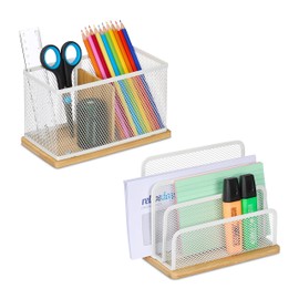 Relaxdays Desk Set 2 Pieces, Metal, Letter Stand & Pen Holder, Office Organiser, Bamboo, White/Natural