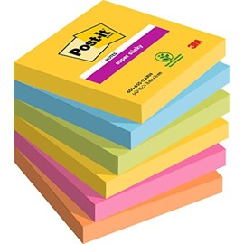 Post-it Notes 76 x 76 mm Super Sticky Notes Rio Colour Collection, Multicolor, 6 Pads (90 Sheets per pad)
