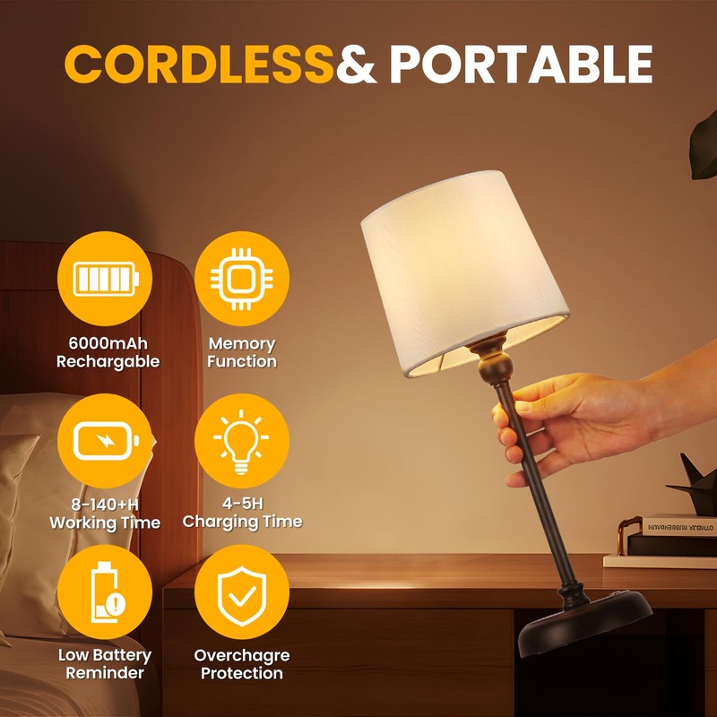 Small Cordless Table Lamp Touch Control, 6000mAh Battery Powered, Low