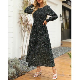 Annebouti Womens 2024 Fall Long Sleeve Maxi Dress Trendy A Line Boho Tiered Floral Casual Smocked Ladies Modest Wedding Guest Vacation Long Dresses for Women Floral Black-2 XL