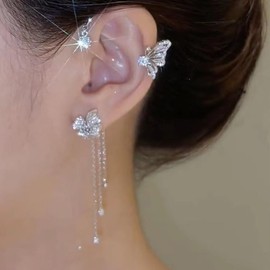 Elegant Ear Cuffs for Women, Butterfly Ear Wrap No Piercing Crystal Rhinestone Dangling Cuff Clip on Earrings for Women, Ear Bone Clip Hook without Pierced 1PCS, Adjustable, Metal, Cubic Zirconia