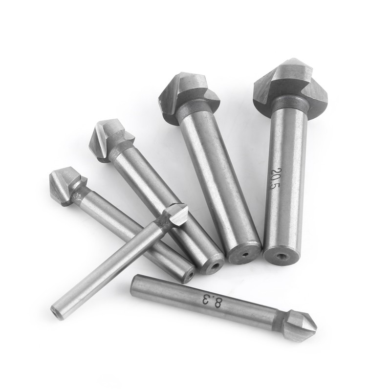 6pcs High Speed Steel Round Shank 3-Flute Countersink Cutter Bits