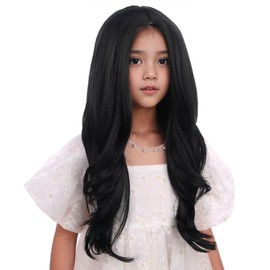 DUDUWIG Black Wigs for Kids Girls Long Black Wavy Curly Wig Black Middle Part Wigs Natural Synthetic Hair Wigs with Wig Net Include