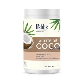 HEBBE Aceite de Coco Crudo 1 kg | Prensado en Frío 100% Puro | Hidratante Piel y Cabello | Anti Frizz y Brillo | Uso Cosmético