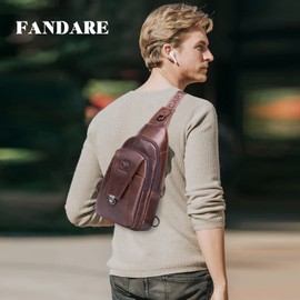 FANDARE Retro Chest Bag Leather Shoulder Bag Men's Sling Bag Business Chest Bag Waterproof Shoulder Bag for Shoulder Bag Outdoor Sports Hiking Cycling Travel Sling Crossbody Bag, brown, Retro