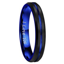 4mm 6mm 8mm 10mm Blue Groove Black Matte Finish Tungsten Carbide Wedding Band Ring Engraved I Love You (4mm,6)