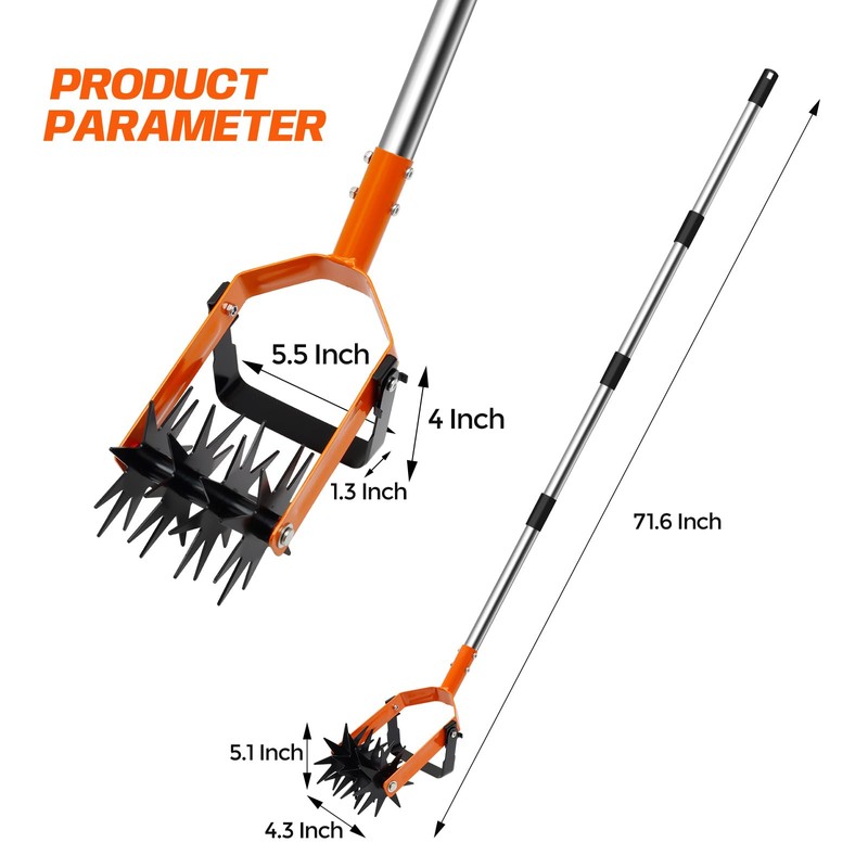 72 Inch Rotary Cultivator Tool, Hand Tiller for Gardening, 2-in-1