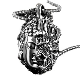 YUANXIN Half Buddha Half Devil Thought Domineering Necklace Personality Men Long Titanium Steel Pendant Women Retro Pendant Jewelry Accessories (Silver)
