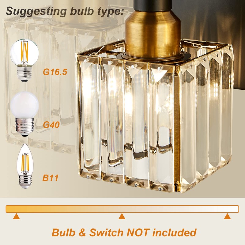 HUOKU Modern Crystal Bathroom Vanity Light 3-Light Brass Wall Light