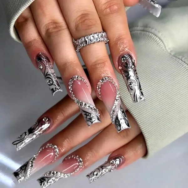 Silver French Tip with Rhinestones Press on Nails Long Square