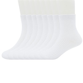 8 Pairs Unisex Kids School Socks for Boys Girls Toddler Youth Student Trainer Socks Children Essential Cotton Crew Dress Socks White Plain Socks 8-10 Years