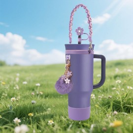 Purple Accessories Set for Owala tumbler 24oz & 40oz - Comprehensive Kit with Silicone Boot, Straw Cover, Handle Strap,Cup Charms