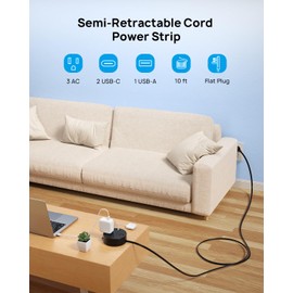 TROND Power Strip Flat Plug - Extension Cord 10FT Semi-Retractable, Power Strip with 3 AC Outlets 3 USB Ports (2 USB C), Ultra Thin Flat Plug, Cruise Ship Essentials, for Home, Hotel, Office