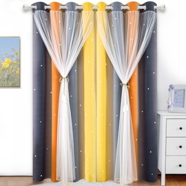 Kinryb Rainbow Star Cutout Curtains for Girls Colorful Stripe Double Layer Colorful Kids Blackout Curtains with White Sheer Living Room Window Curtains Pink/Yellow W52 x L84 2 Panels