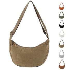 APMGONT Corduroy Crescent Bag for Women, Corduroy Hobos Crossbody Bag, Cross body Dumpling Bag with Adjustable Shoulder Strap for Travelling, Work, School and Daily Use (Khaki)