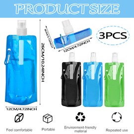 Auzlya Pack of 3 Foldable Drinking Bottles, 500 ml Foldable Water Bottle, Repeatable BPA-Free Water Bottle, Portable Flexible Collapsible with Clip, for Hiking, Travel, Adventure, Fitness
