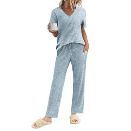 Ekouaer Ladies Pyjamas Set Long Pants Pjs Women Two Piece Outfits for Women Blue XL