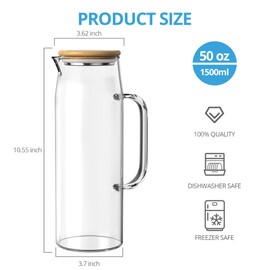 3 Sets Glass Pitcher with Lid, 50 oz / 1500 ml Water Carafe with Handles Hot Cold Beverage Water Jar Glass Jug (Bamboo lid)