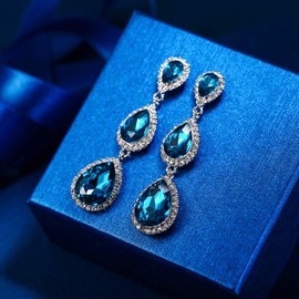 EleQueen Women's Silver-tone Austrian Crystal Tear Drop Pear Shape Long Earrings Turquoise Color