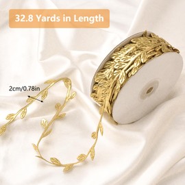 URROMA Gold Vine Leaf Ribbon Trim, 32.8 Yards Artificial Bling Fabric Ribbon Plants Leaves Decor for Wreath Wall DIY Craft Baby Shower Party Wedding