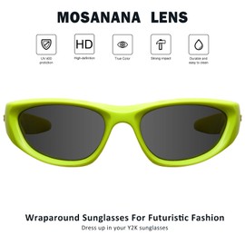 mosanana Y2k Wrap around Sunglasses for Women Men Trendy Cool Cute Funky Fashion Retro Vintage Green Unique Stylish 90s Aesthetic Shade Sunnies Futuristic Chunky Cyber Ladies Sun Glasses Frame Freak