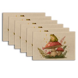 Cute Frog Placemats Set of 6,Mushroom Heat Resistant Kitchen Table Mats for Indoor and Outdoor,Washable Wipe Clean Dining Placemat 12 x 18 Inches