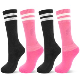 DECOVICI Kids Soccer Socks for Boys and Girls 4 Pairs, Knee High Youth Socks for Children, Soft Strips Athletic Socks for School Uniform 3-13 Years(7-13Years,2Black+2Pink)