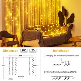 Ollny Curtain Lights 6.6x6.6ft, 200 LED String Lights with Remote 8 Modes Dimmable Timer, USB Power Fairy Light for Bedroom Backdrop Indoor Wall Window Christmas Decorations, Warm White
