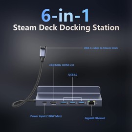 HOPDAY Steam Deck Dock - 6 IN 1 Dock with 3 USB 3.0, Ethernet, HDMI 4K@60Hz, 100W PD Charging & Stand for Valve Steam Deck