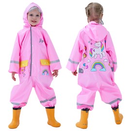 Domueay Puddle Suit Girls Waterproof All in one Rainsuit Hooded,Breathable Lightweight One Piece Children Rain Muddy Suit Raincoat Rainwear with Transparent Brim for Kids 7-8 years,Pink Horse