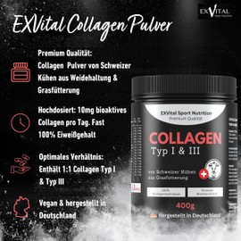 Collagen Pulver, 400g Premium Collagen von Schweizer Alpenkühen aus Grasfütterung, bioaktives Kollagenhydrolysat Peptide, Eiweiss Pulver- Geschmacksneutral, Kollagen Typ 1 & 3, hochdosiert
