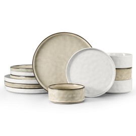 LIANYU Plates and Bowls Dinnerware Sets, 12 Piece Stoneware Dishware Set for 4, Dish Tableware Sets Includes Dinner Salad Plates Cereal Bowls, Chip & Scratch Resistant, Polar White & Sandy Beige