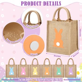 GliCraft 12 Pack Easter Burlap Gift Bags Large Bunny Jute Bags with Handle and Waterproof Lining Reusable Burlap Tote Bag for Kids Egg Hunt Game Spring Easter Party Supplies, 8''x10''x6''