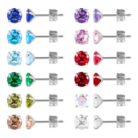12 Pairs 18K Gold Plated Surgical Stainless Steel Stud Earrings, Star Heart Round Cubic Zirconia CZ Birthstone Stud Earring Set for Women (Silver round 3mm)