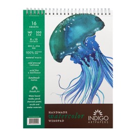 Indigo Artpapers Watercolor Paper Pad, 16 Sheets, 8x10 (140lb/300g) | Handmade 100% Cotton Rag, Cold Pressed Paint Paper, Acid-Free Water Color Paper Pad, Wirebound Watercolor Sketchbook Journal