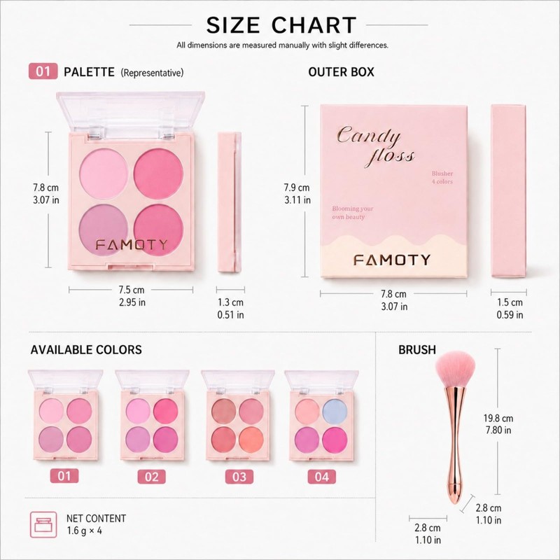 4 Color Blush Palette with Brusher Set for Cheeks(#02)