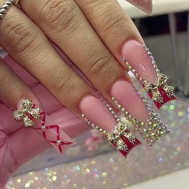 24Pcs Long Coffin Press on Nails Red French Tip Fake Nails with 3D Metal Bow Rhinestones Designs Spring Summer Acrylic Nails Full Cover French False Nails Bow Diamond Stick on Nails for Women