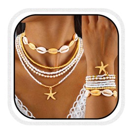 Reaky Boho Beads Necklace Colorful Starfish Necklaces Layered Seashell Bracelet and Necklace Set Beach Accessories for Women and Girls(Pack of 12) (White)