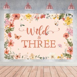 kreat4joy Wildflower 3rd Birthday Decorations, Wild and Three Party Decorations Backdrop Banner for 3 Year Old Girl Wildflower Birthday Party 3 x 5 ft